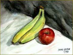 How to paint banana and red apple in watercolor step by step.